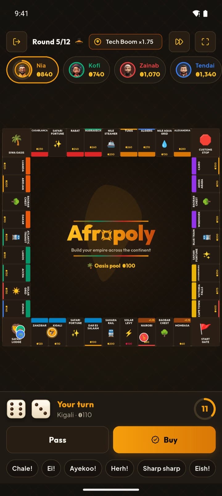 Afropoly in Jollof mode on a phone: round 5 of 12 under a Tech Boom event at 1.75×, four players with their cowrie balances, and a thirty-second turn timer beside Pass and Buy.