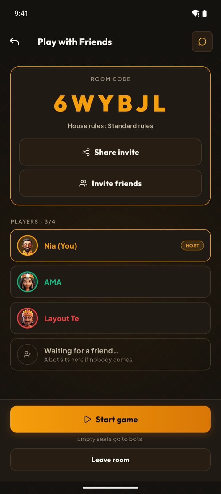 A private room: a six-character room code, Share invite and Invite friends, three players seated with the fourth seat reading “Waiting for a friend — a bot sits here if nobody comes”.