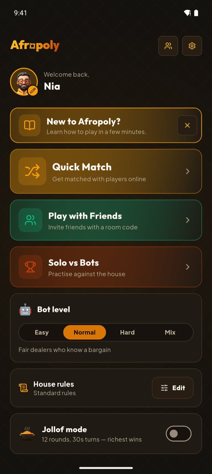 The main menu: quick match, play with friends, solo against bots, a bot difficulty selector, house rules, and the Jollof mode switch.