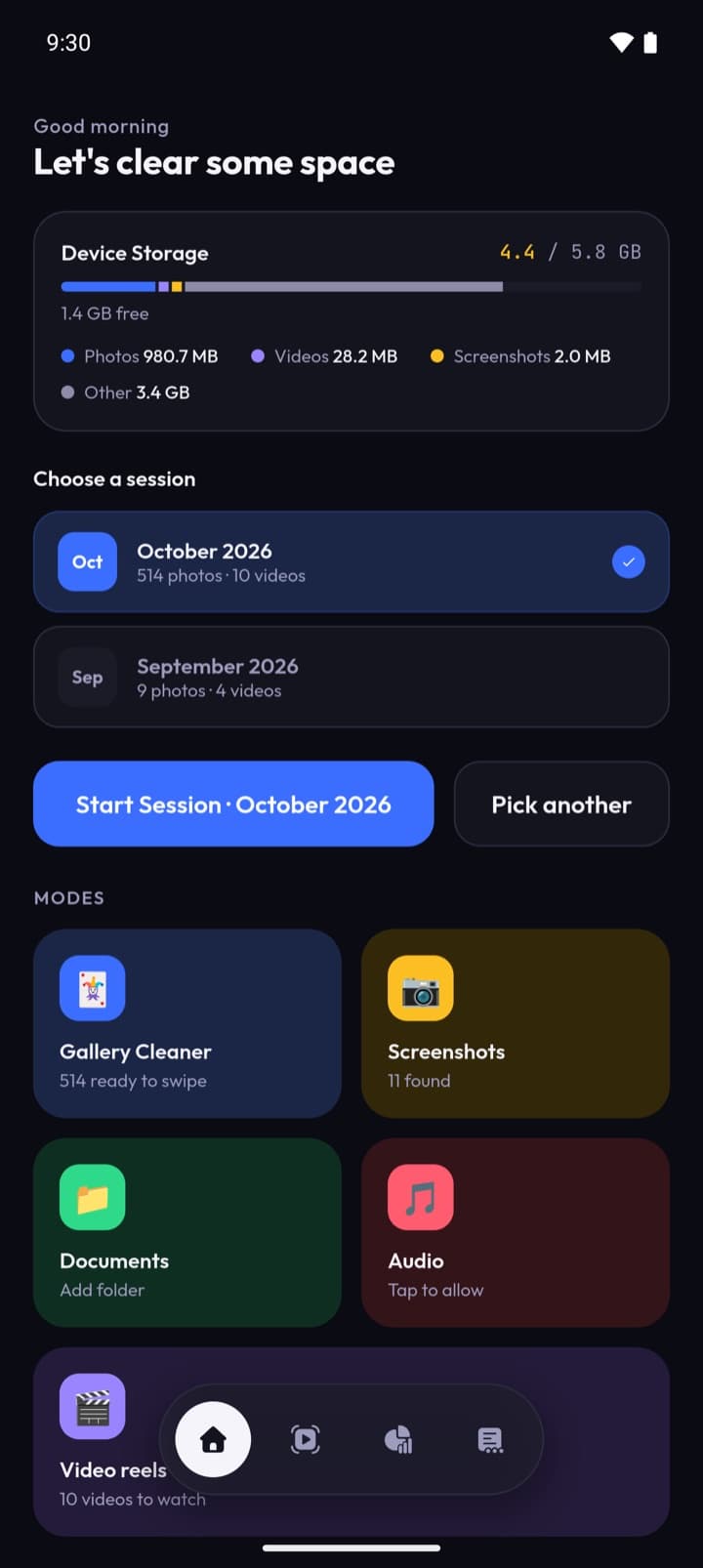 The home screen again in the app's dark theme.